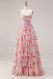 Floral Pink A Line Tiered Sweetheart Long Corset Prom Dress