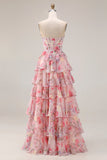 Floral Pink A Line Tiered Sweetheart Long Corset Prom Dress