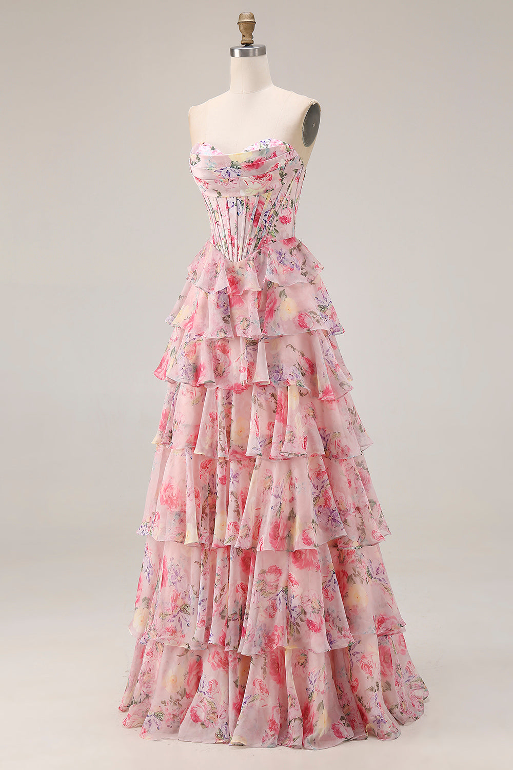 Floral Pink A Line Tiered Sweetheart Long Corset Prom Dress