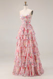 Floral Pink A Line Tiered Sweetheart Long Corset Prom Dress