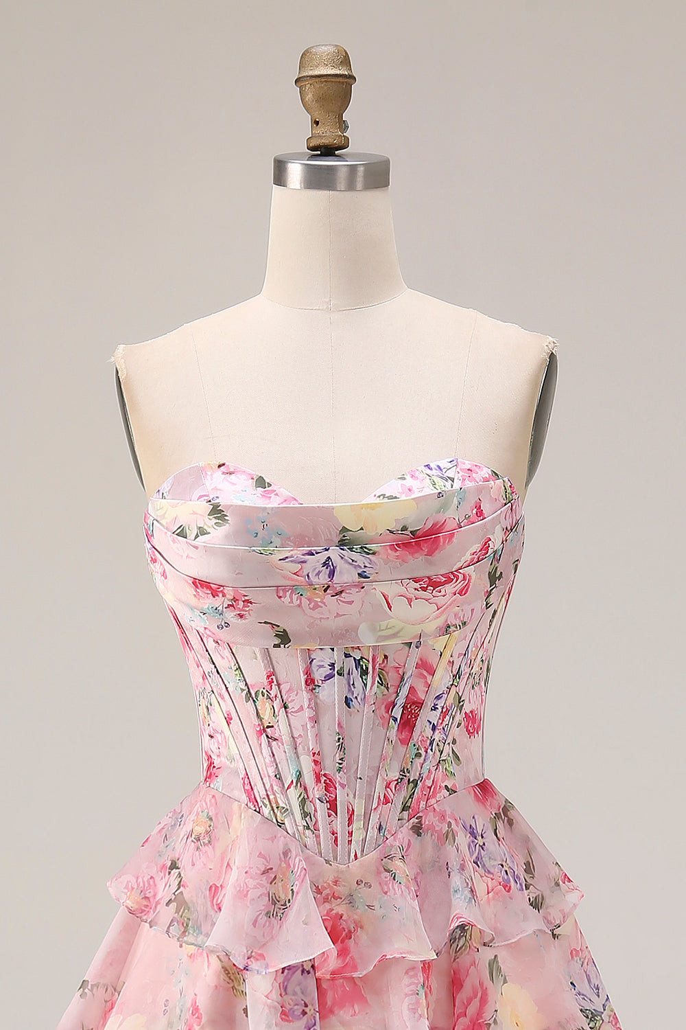 Floral Pink A Line Tiered Sweetheart Long Corset Prom Dress