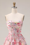 Floral Pink A Line Tiered Sweetheart Long Corset Prom Dress