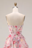 Floral Pink A Line Tiered Sweetheart Long Corset Prom Dress