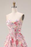 Floral Pink A Line Tiered Sweetheart Long Corset Prom Dress
