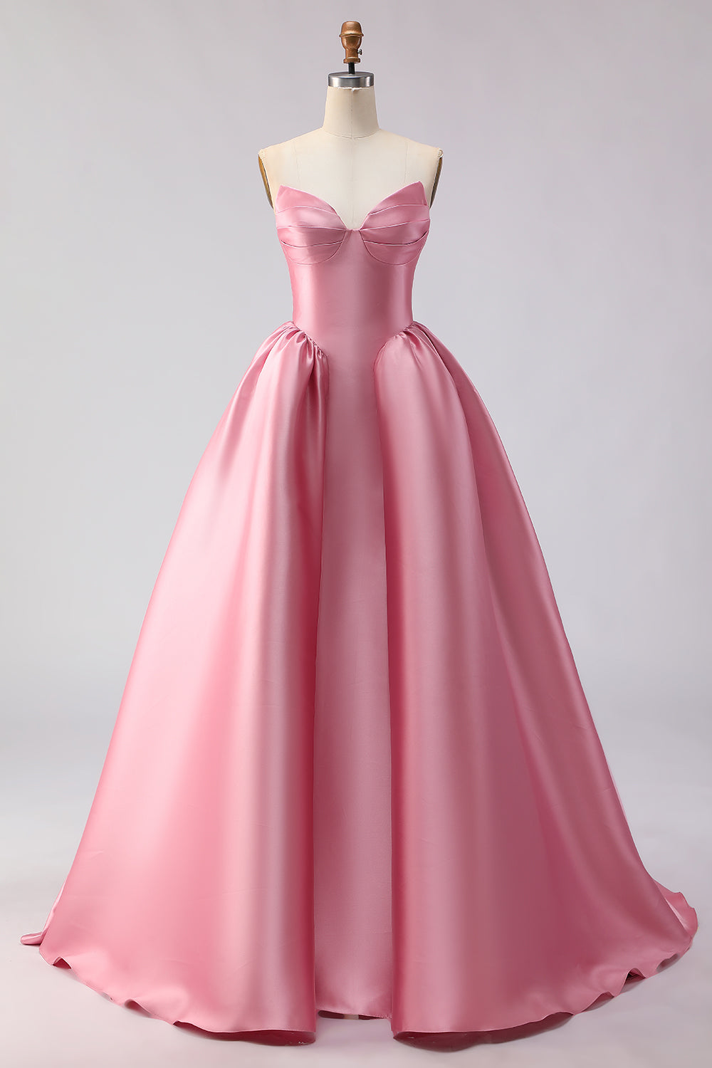 Pink A Line Satin Strapless Long Prom Dress