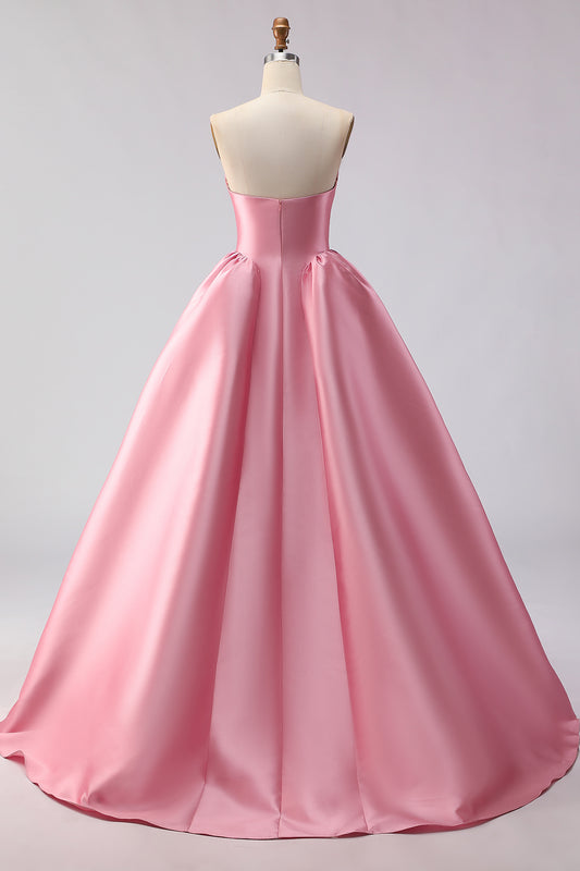 Pink A Line Satin Strapless Long Prom Dress