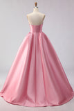 Pink A Line Satin Strapless Long Prom Dress