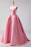 Pink A Line Satin Strapless Long Prom Dress