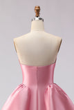 Pink A Line Satin Strapless Long Prom Dress