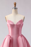 Pink A Line Satin Strapless Long Prom Dress