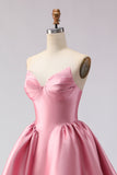 Pink A Line Satin Strapless Long Prom Dress