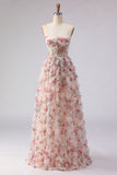 Light Pink A Line Spaghetti Straps Long Floral Prom Dress with Ruffles