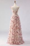 Light Pink A Line Spaghetti Straps Long Floral Prom Dress with Ruffles