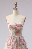 Light Pink A Line Spaghetti Straps Long Floral Prom Dress with Ruffles