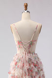 Light Pink A Line Spaghetti Straps Long Floral Prom Dress with Ruffles