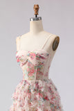 Light Pink A Line Spaghetti Straps Long Floral Prom Dress with Ruffles