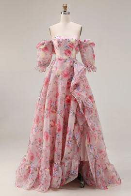 Floral Pink A Line Off the Shoulder Long Prom Dress with Ruffles