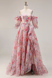 Floral Pink A Line Off the Shoulder Long Prom Dress with Ruffles