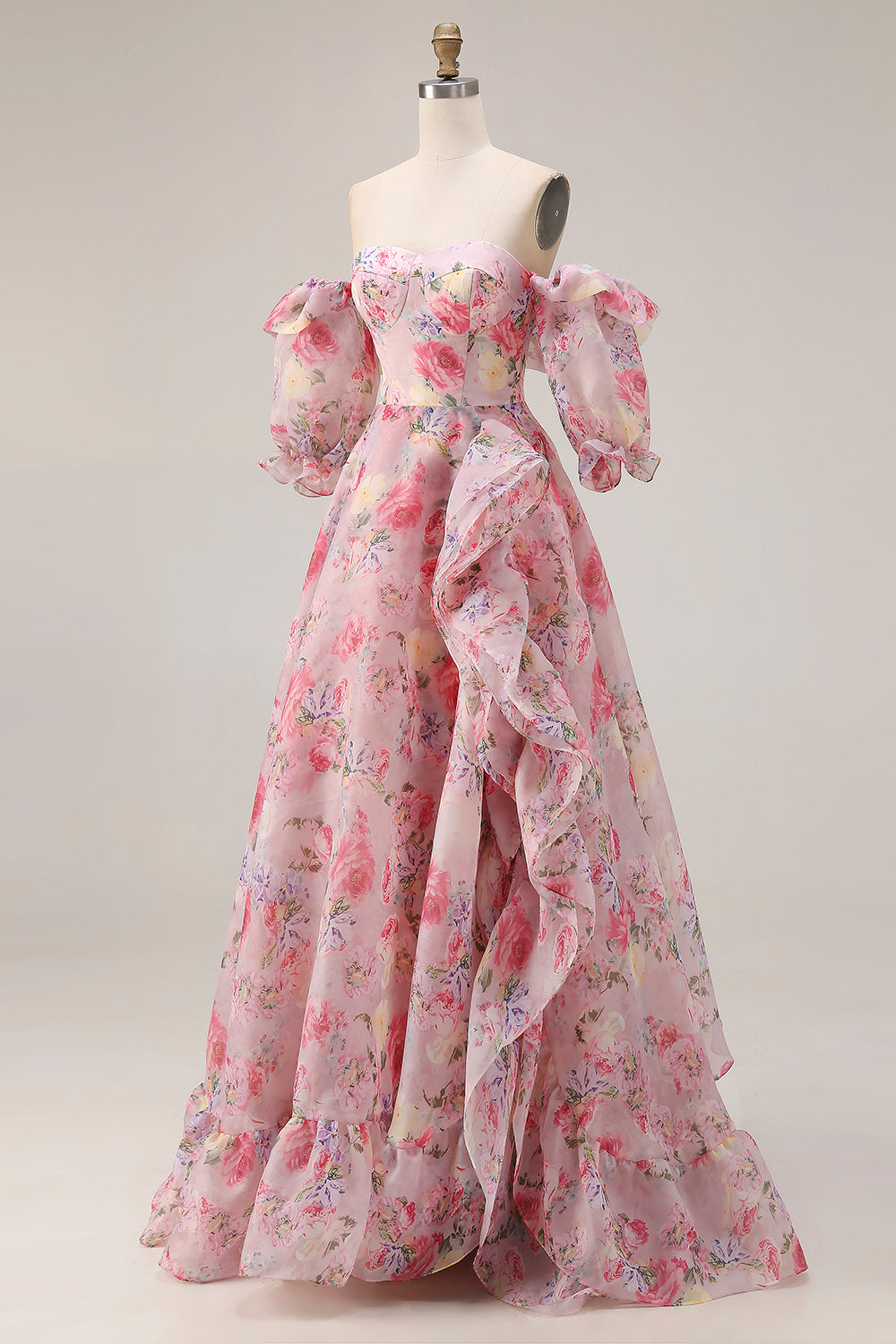 Floral Pink A Line Off the Shoulder Long Prom Dress with Ruffles