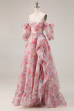 Floral Pink A Line Off the Shoulder Long Prom Dress with Ruffles