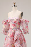 Floral Pink A Line Off the Shoulder Long Prom Dress with Ruffles