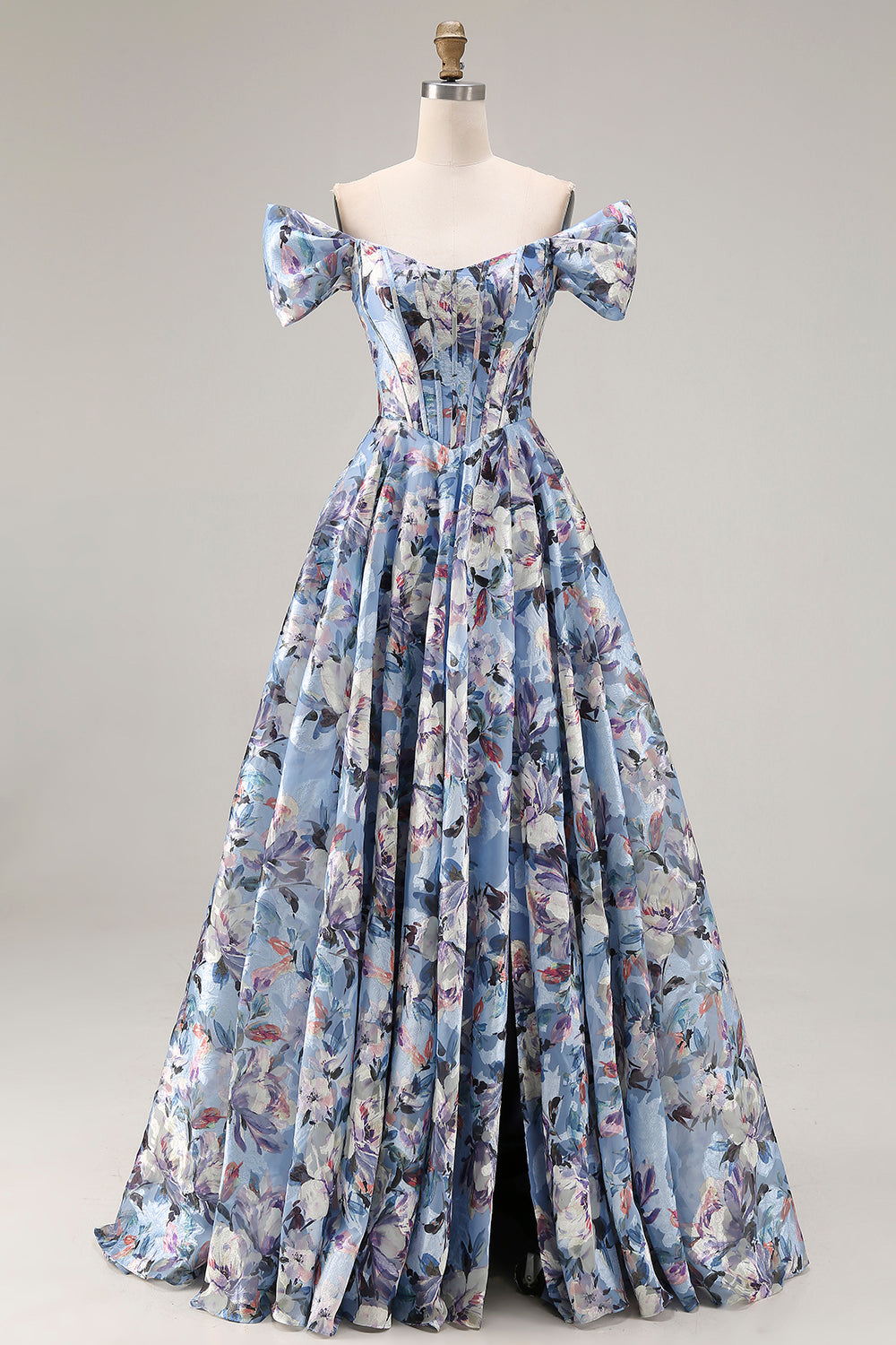 Floral Blue Off the Shoulder Long Corset Prom Dress with Slit