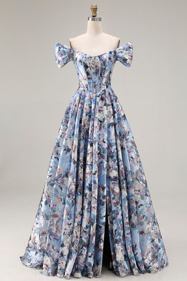 Floral Blue Off the Shoulder Long Corset Prom Dress with Slit