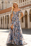 Floral Blue A Line Off the Shoulder Long Corset Prom Dress with Slit