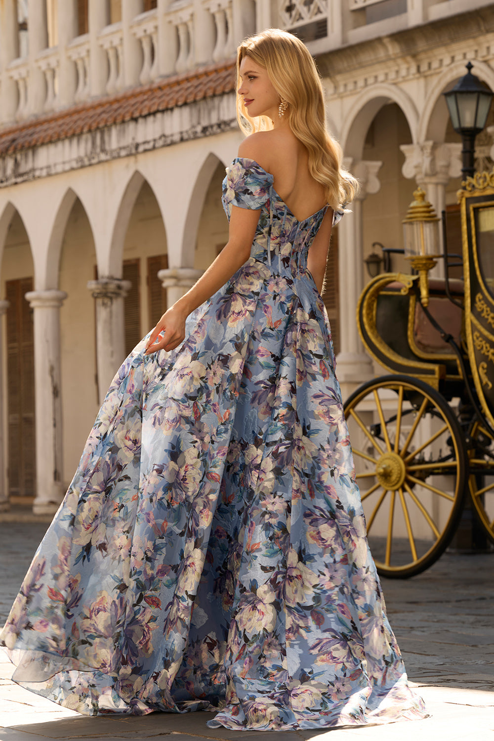 Floral Blue A Line Off the Shoulder Long Corset Prom Dress with Slit