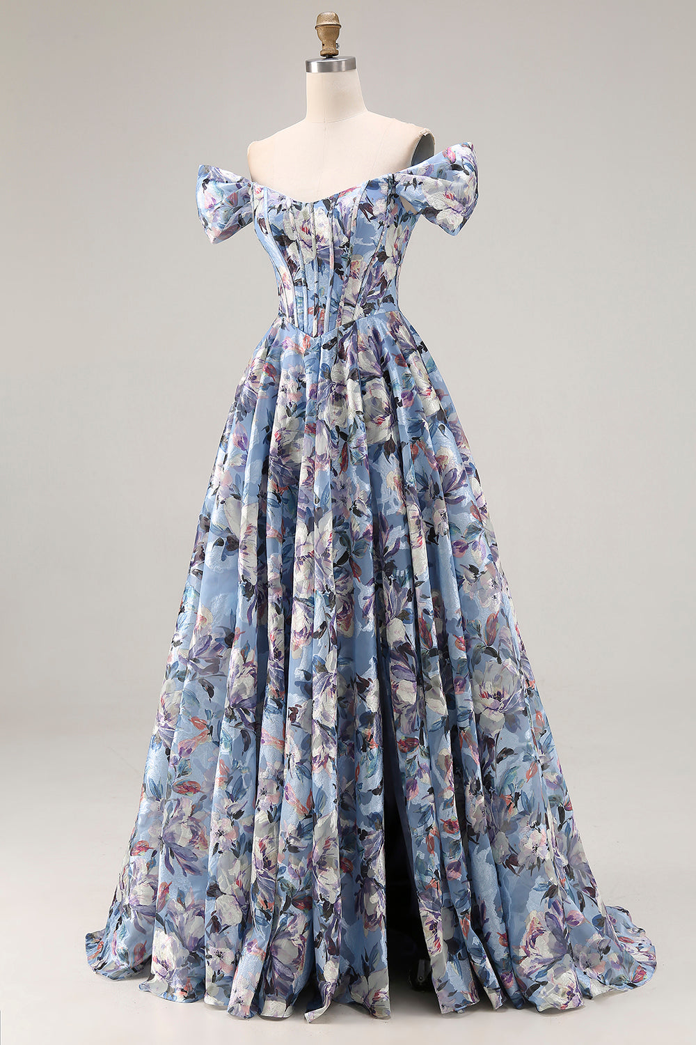 Floral Blue Off the Shoulder Long Corset Prom Dress with Slit