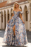 Floral Blue A Line Off the Shoulder Long Corset Prom Dress with Slit
