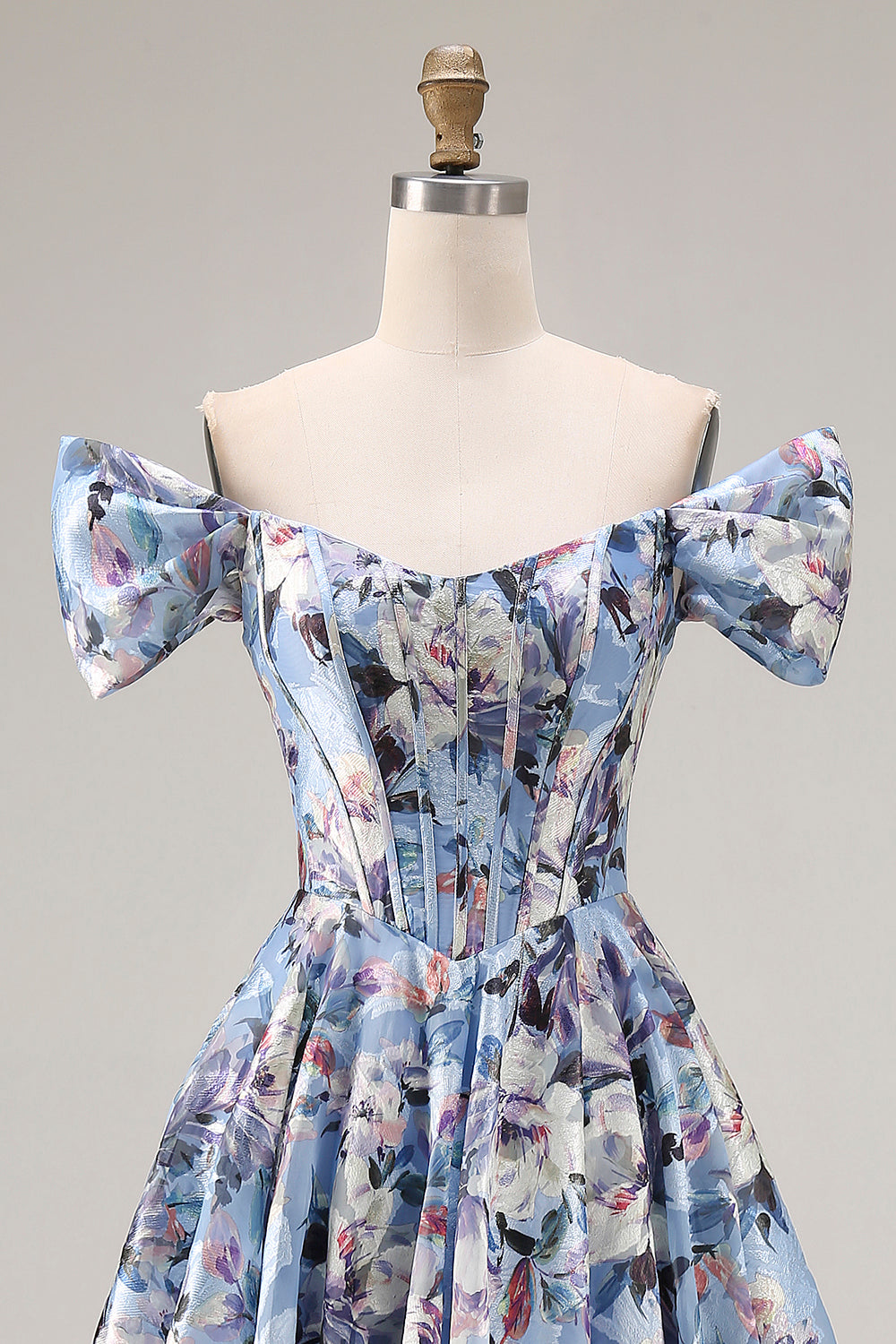 Floral Blue Off the Shoulder Long Corset Prom Dress with Slit