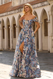 Floral Blue A Line Off the Shoulder Long Corset Prom Dress with Slit