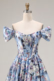 Floral Blue Off the Shoulder Long Corset Prom Dress with Slit