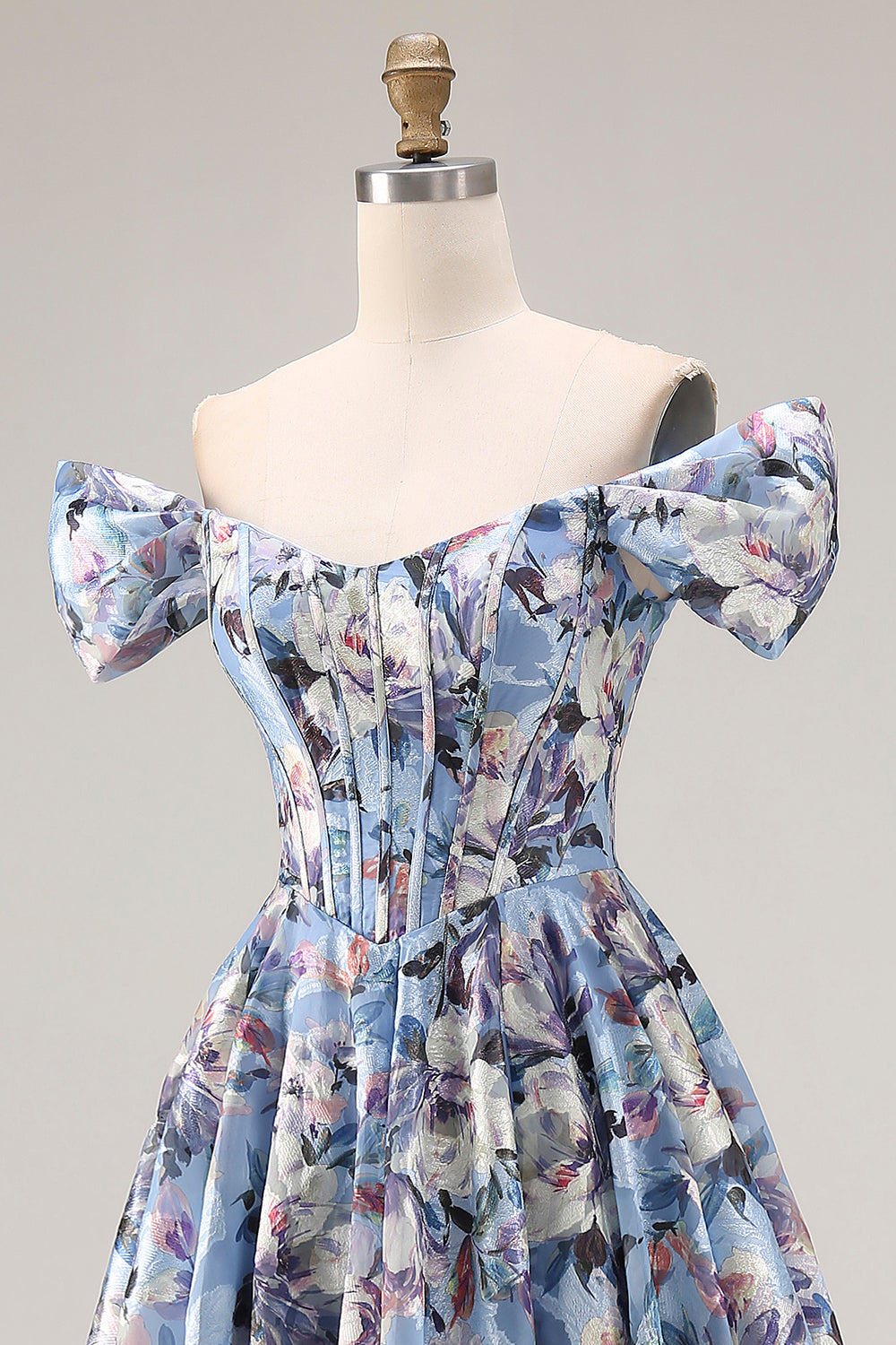 Floral Blue Off the Shoulder Long Corset Prom Dress with Slit