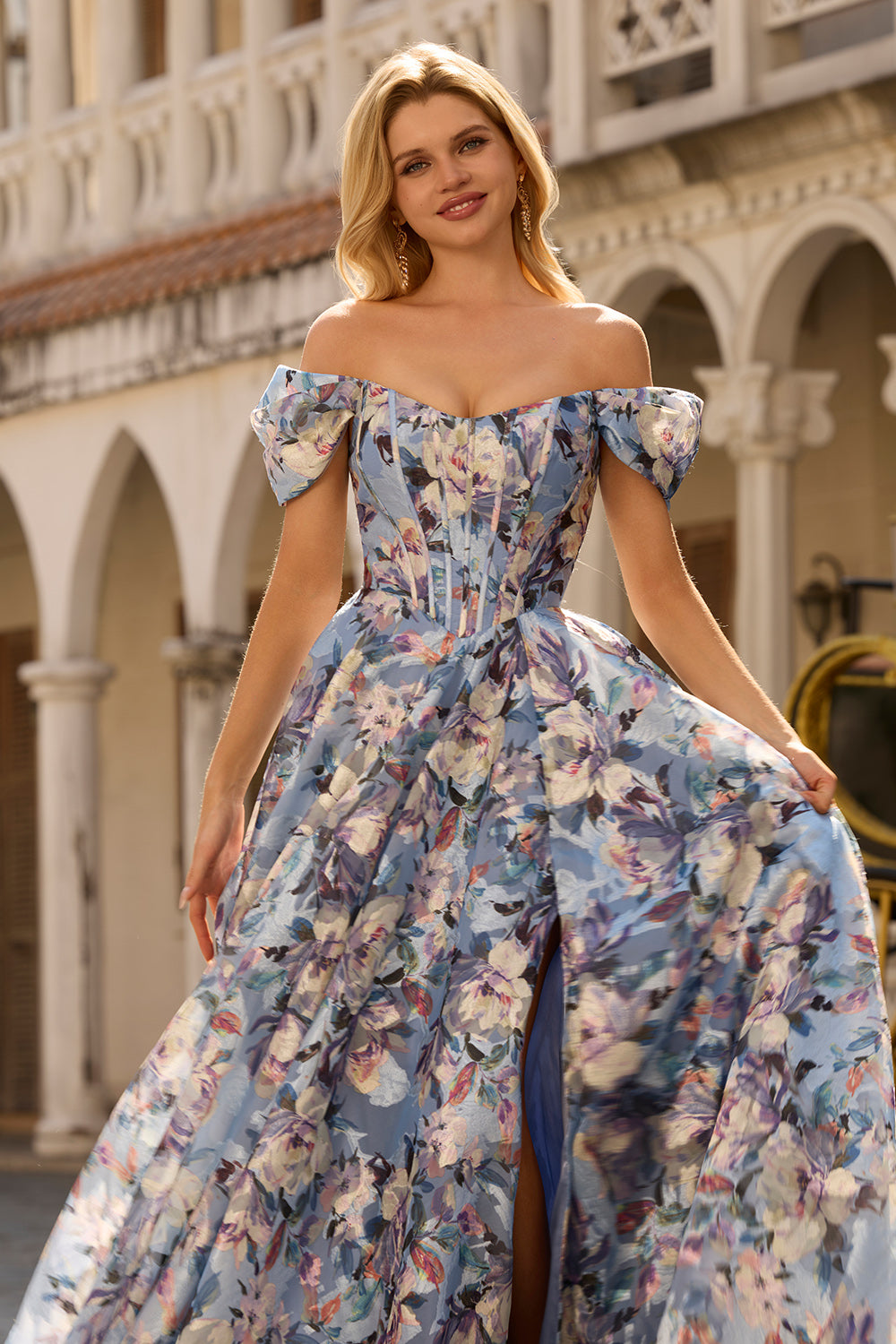 Floral Blue A Line Off the Shoulder Long Corset Prom Dress with Slit