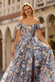Floral Blue A Line Off the Shoulder Long Corset Prom Dress with Slit
