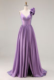 Purple A Line Spaghetti Straps Long Prom Dress with 3D Flower