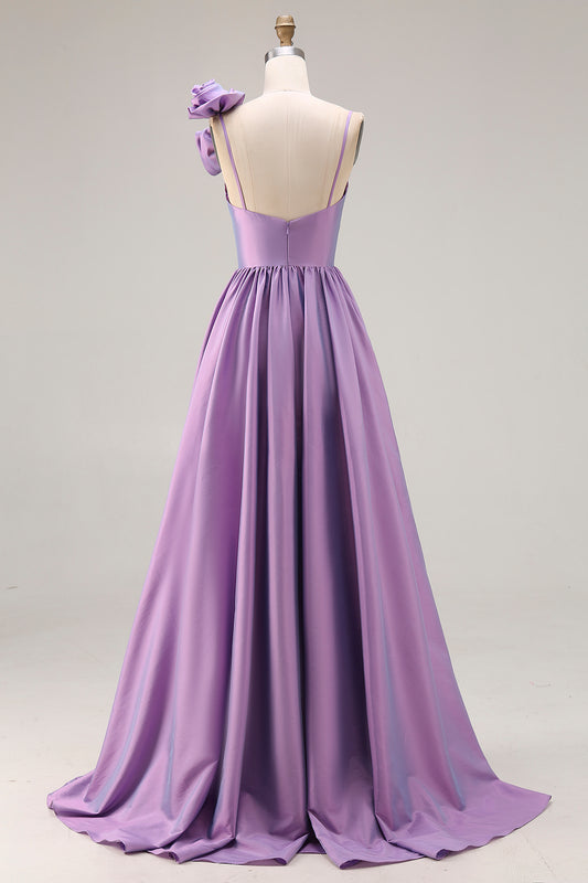 Purple A Line Spaghetti Straps Long Prom Dress with 3D Flower