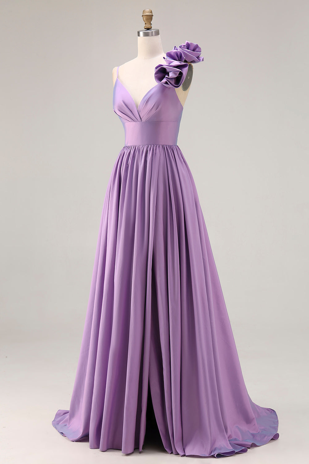 Purple A Line Spaghetti Straps Long Prom Dress with 3D Flower