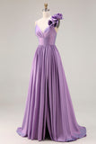 Purple A Line Spaghetti Straps Long Prom Dress with 3D Flower