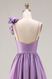 Purple A Line Spaghetti Straps Long Prom Dress with 3D Flower
