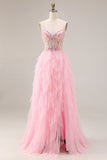 Sparkly Pink A Line Beaded Long Corset Prom Dress with Slit