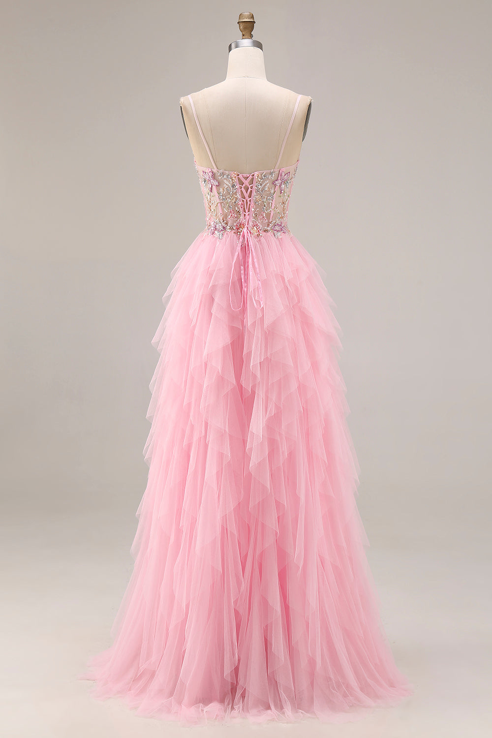 Sparkly Pink A Line Beaded Long Corset Prom Dress with Slit