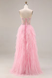 Sparkly Pink A Line Beaded Long Corset Prom Dress with Slit