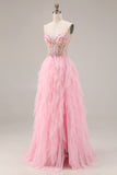 Sparkly Pink A Line Beaded Long Corset Prom Dress with Slit