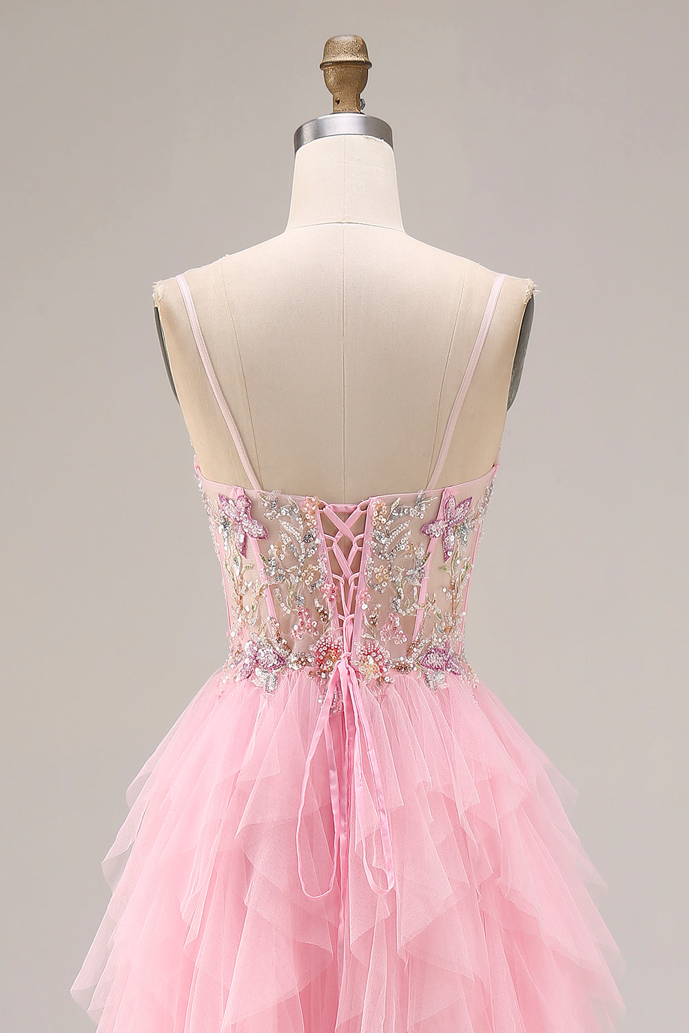 Sparkly Pink A Line Beaded Long Corset Prom Dress with Slit