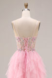 Sparkly Pink A Line Beaded Long Corset Prom Dress with Slit