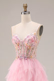 Sparkly Pink A Line Beaded Long Corset Prom Dress with Slit
