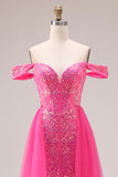Sparkly Floral Fuchsia Mermaid Off the Shoulder Long Prom Dress with Cape